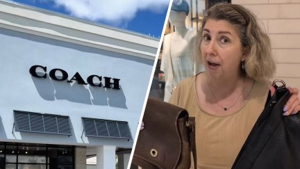 Coach Store Front(l) Woman holding vintage coach bags sharing information about warranty(r)