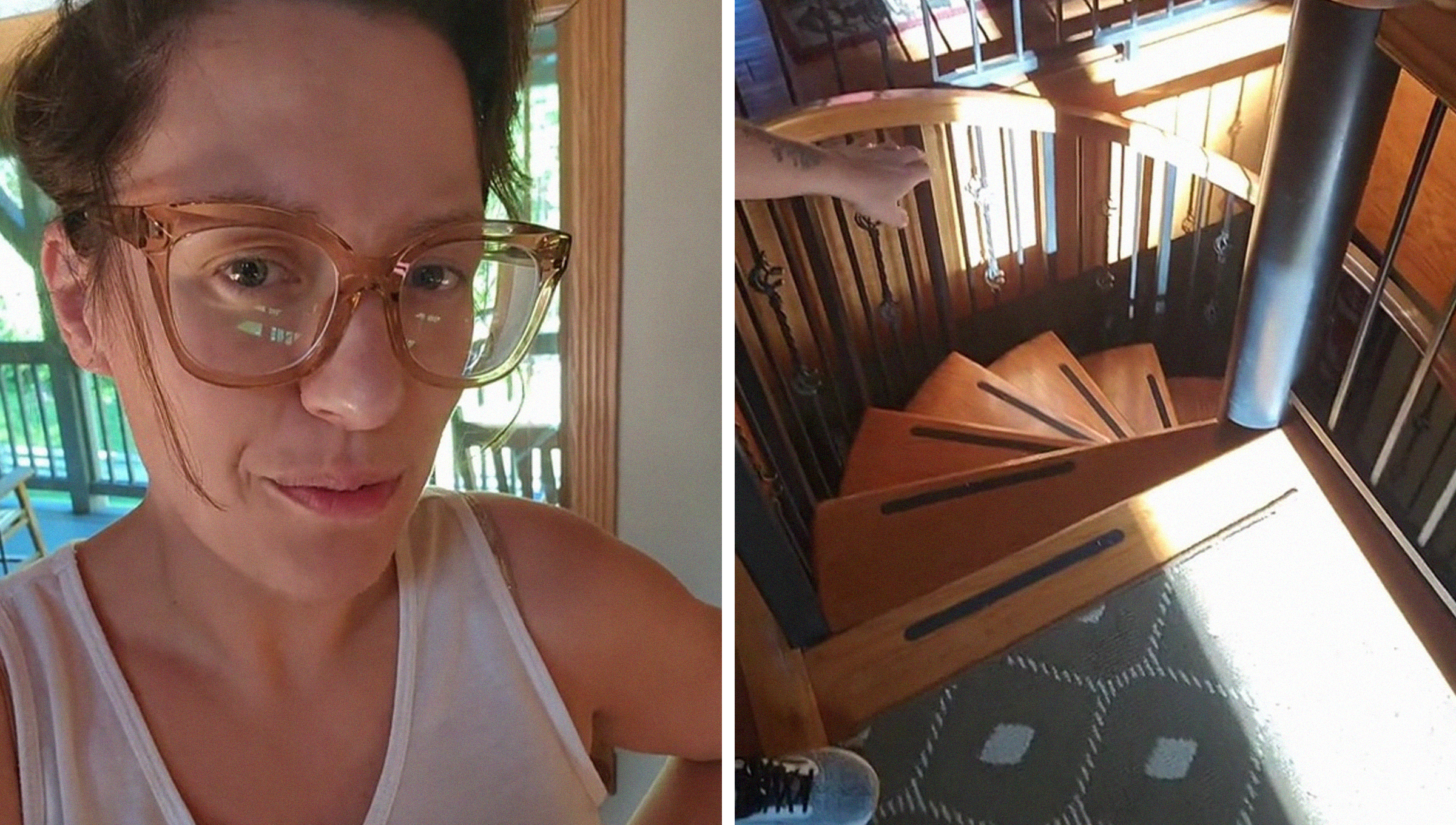 Woman shares caution about her AirBnb(l) Spiral Staircase at Airbnb(r)