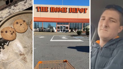 Freshly baked cookies on tray(l) The Home Depot Store Front(c) Man shares the tool he uses to pick up cookies(r)