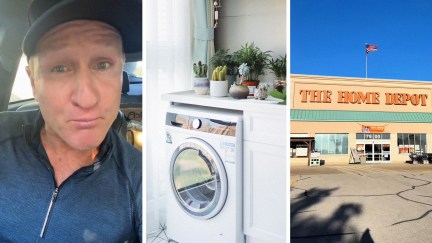 Expert shares that Whirlpool is the best washing machine at home depot(l) Washing machine inside of home(c) Home Depot Store Front(r)