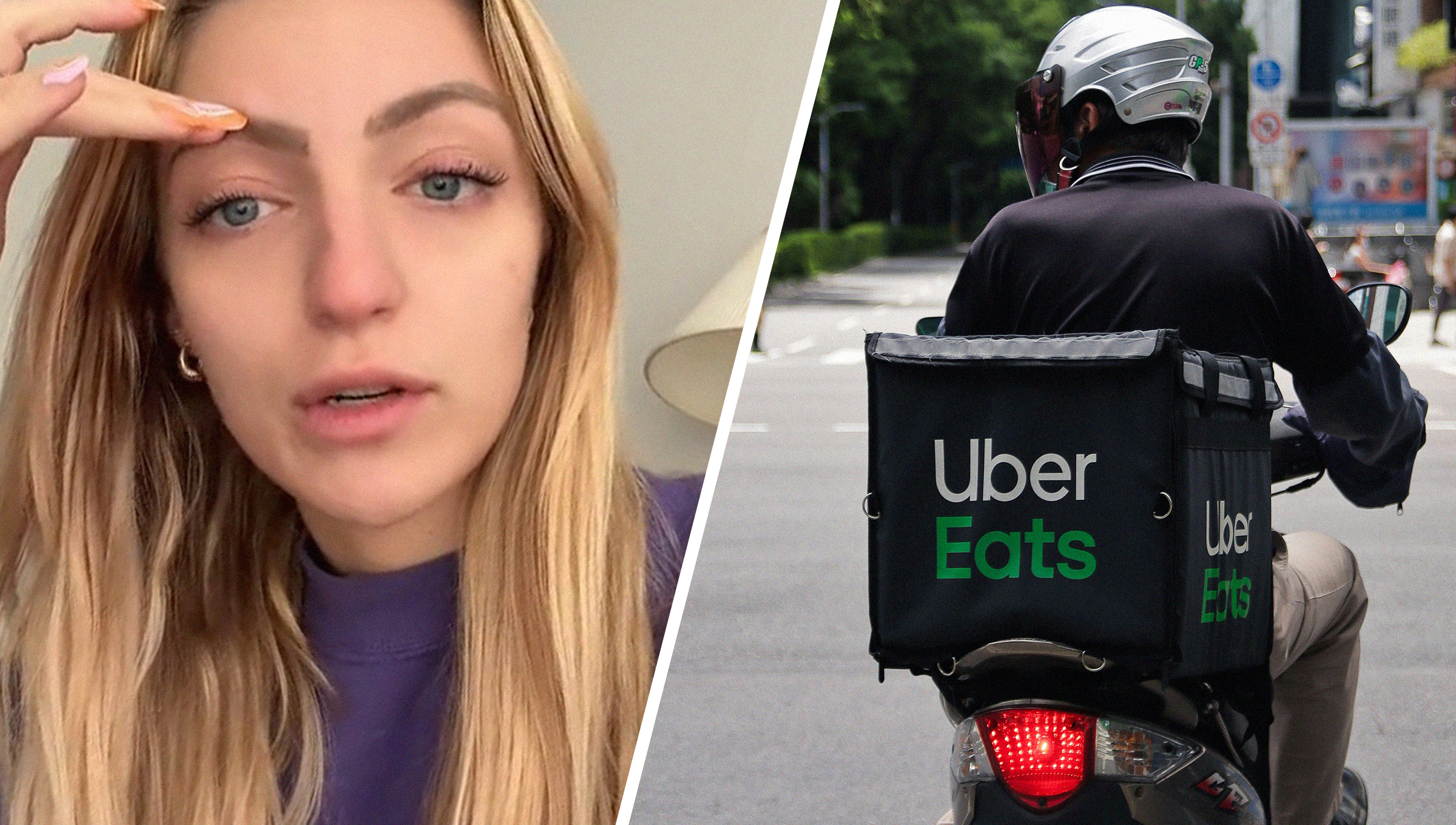 Woman explains Uber Eats Delivery Driver behaviour at her door(l) Uber Eats Driver delivering with a motorcycle(r)
