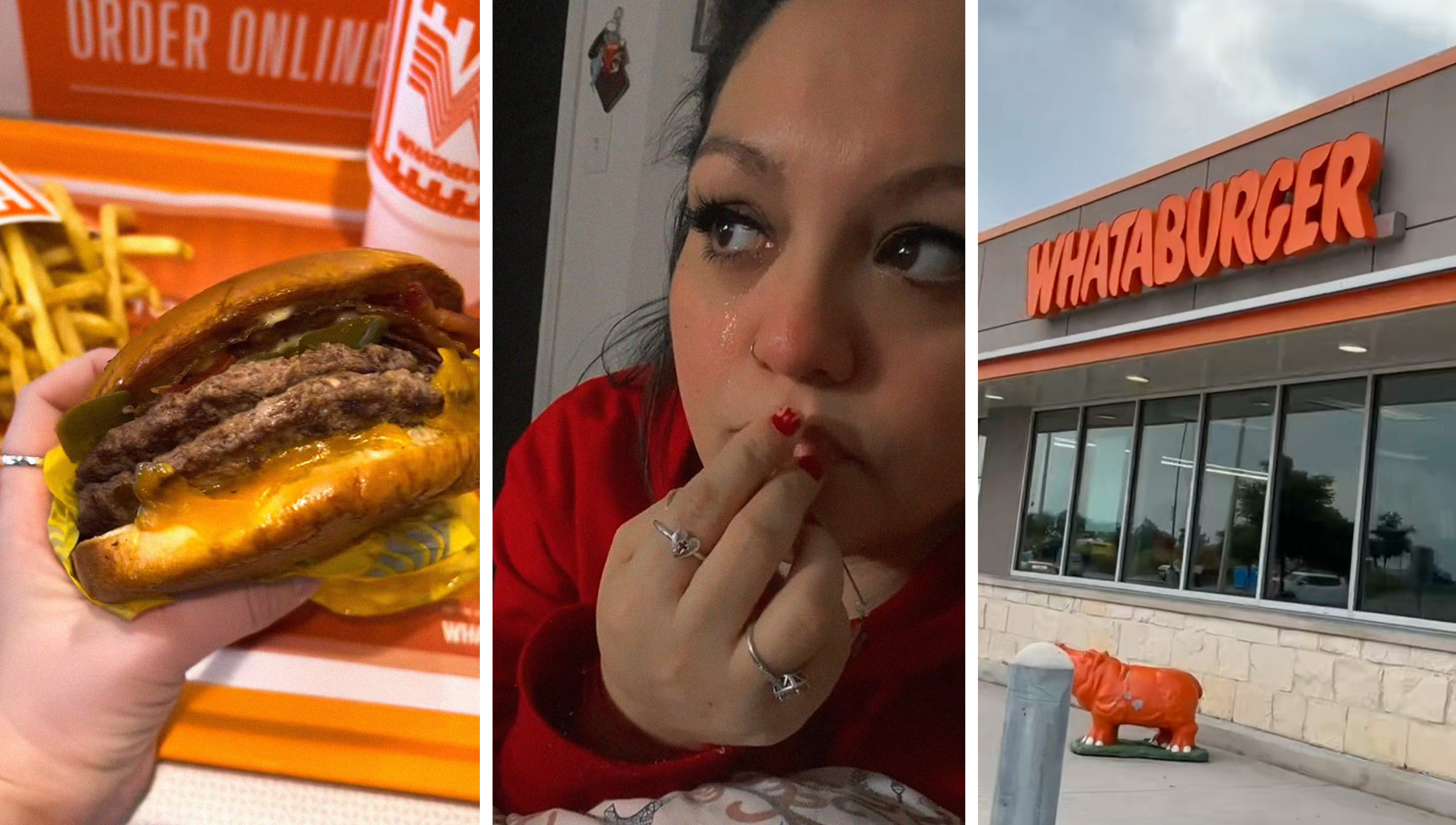 Person holding a Whataburger Bacon Blaze Jalapeño Double burger(l) Woman thinking while laying on bed(c) Whataburger Restaurant Front(r)
