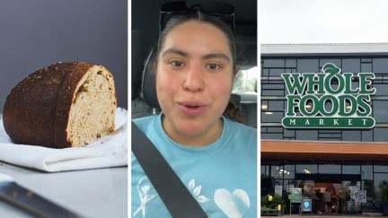 Loaf of Bread with a Single Slice(l) Woman shares her experience of slicing bread at wholefoods(c) Whole Foods Market Store front(r)