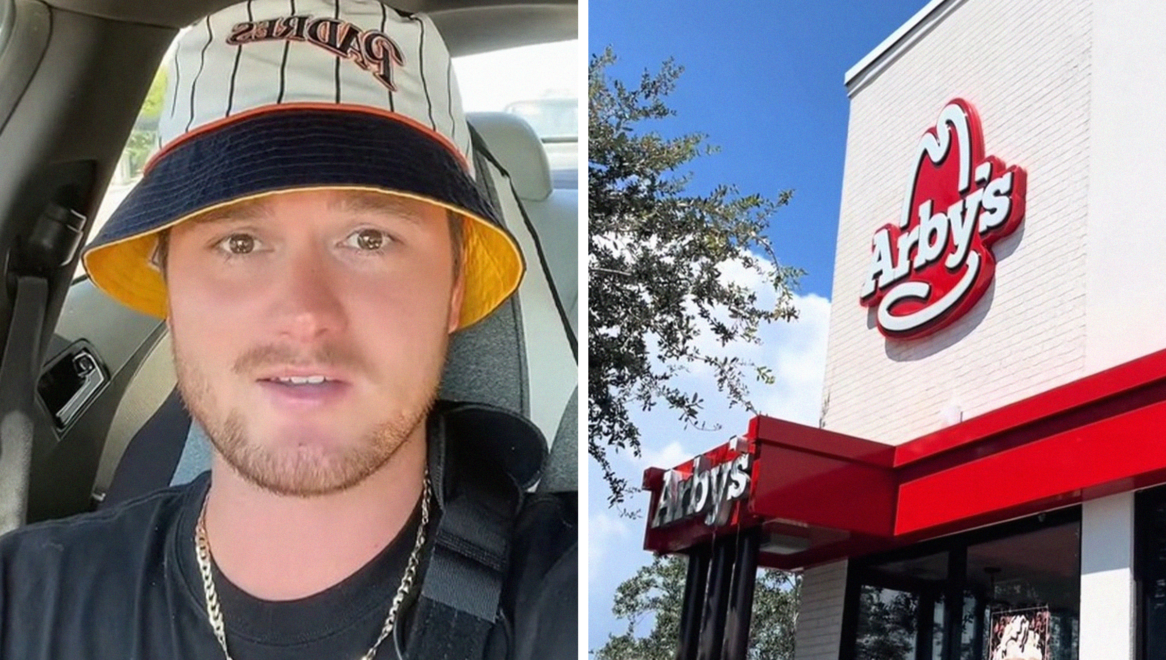 Man inside of car sharing what he ordered at Arby's Drive Thru(l) Arby's Restaurant Front(r)
