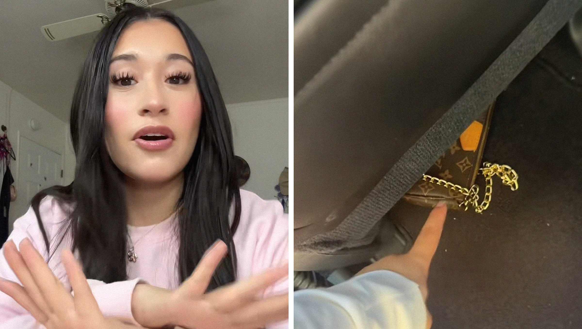 Woman shares she is being cheated on(l) Louis Vuitton bag underneath car seat(r)