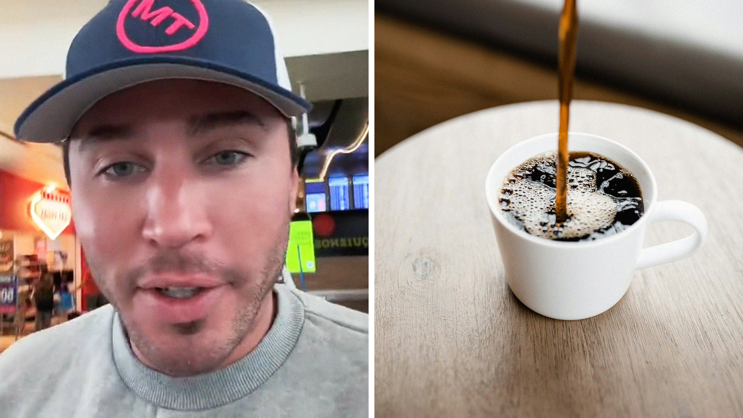 Man in hat talking about airplane coffee (l) Plain black coffee being poured into a cup (r)