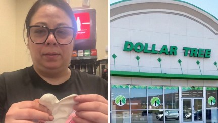 Woman holding up heart shaped balloon(l) Dollar Tree Store Front(r)