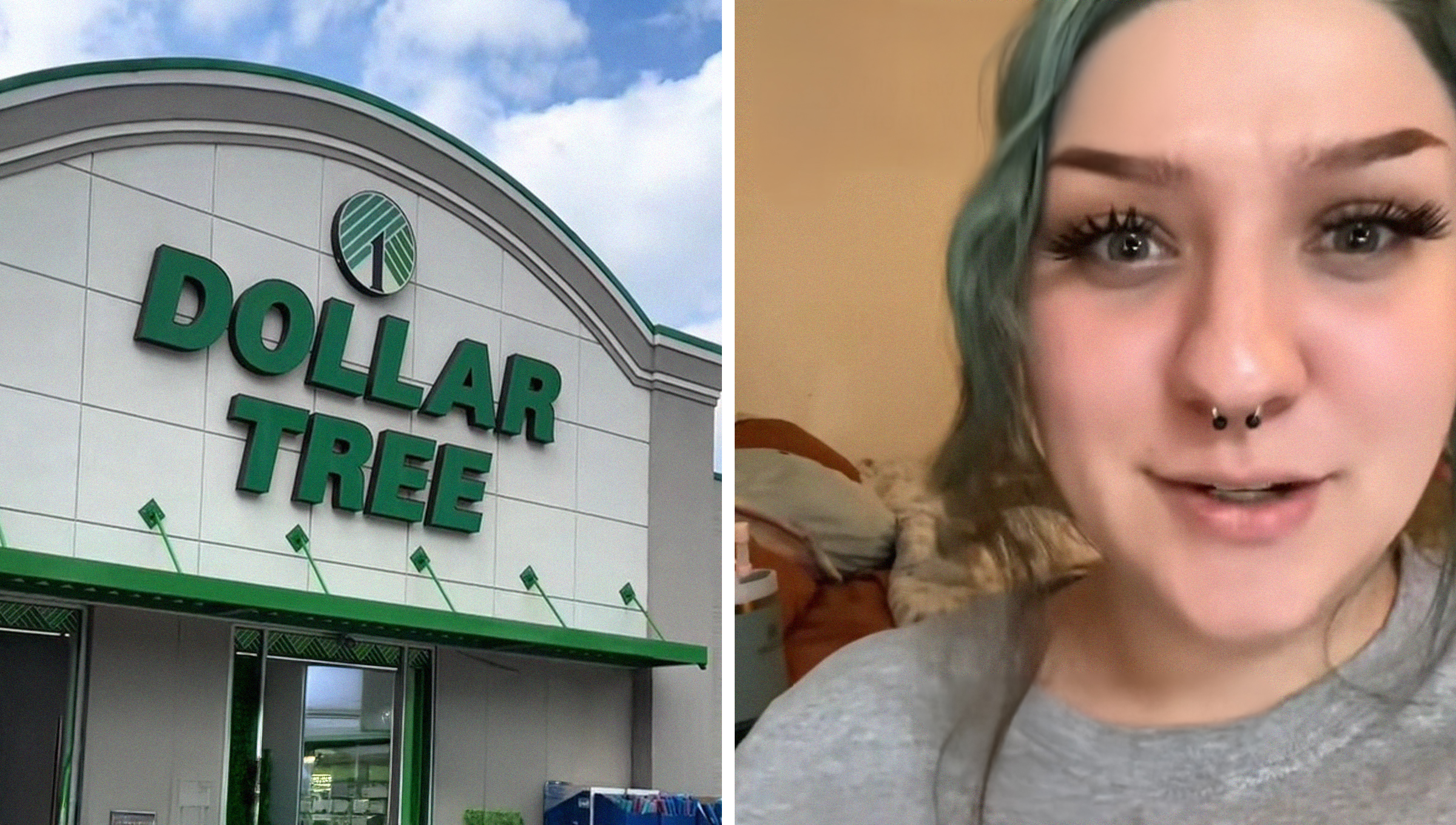 Dollar Tree Store Front(l) Dollar Tree Manager shares what type of music her co worker played(r)