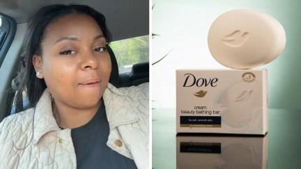 Woman shares difference between real and fake dove soap(l) White Dove Soap on top of Packaging with green background(r)