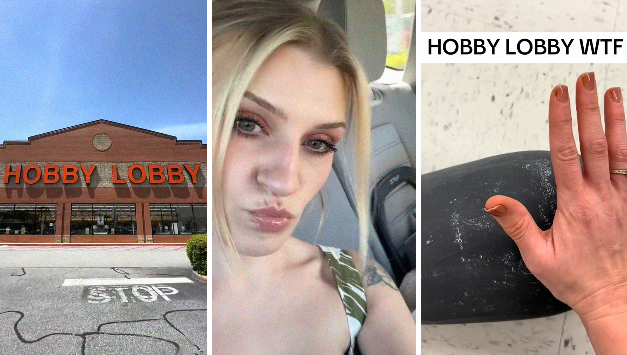 Hobby Lobby Store Front(l) Woman shares what she found at hobby lobby(c) Hand placed over black vase from hobby lobby(r)