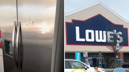 Dents blurred on Frigidaire refrigerator(l) Lowe's Store Front(r)