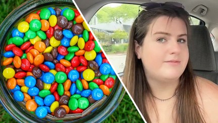 Colorful bunch of M&M's (l) Woman in car talking about experience with M&M's gift