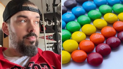 Man talking about m&m's (l) colorful bunch of m&ms (r)