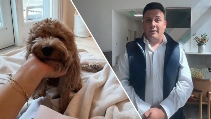 Woman holding her puppy's face(l) Greystar landlord standing at entrance of building(r)