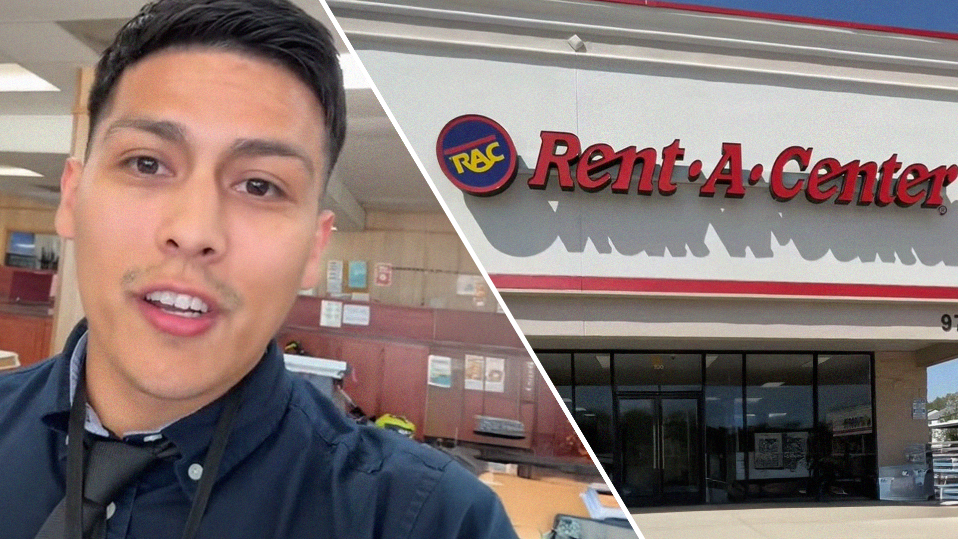 Man speaking about Rent-A-Center (l) Rent-A-Center store front (r)