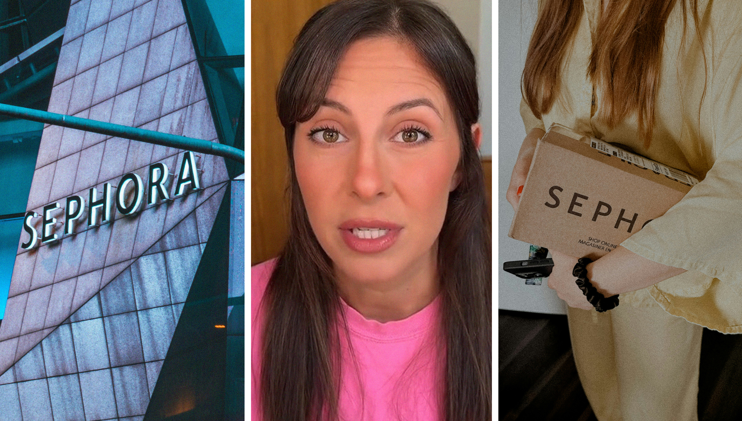 Sephora Logo on building(l) Woman shares a law that protects consumers from late deliveries(c) Woman holding Sephora box(r)