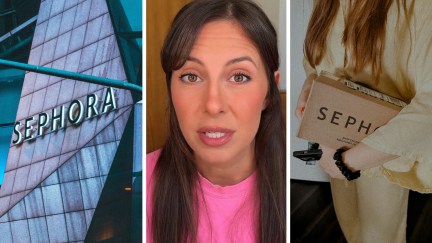 Sephora Logo on building(l) Woman shares a law that protects consumers from late deliveries(c) Woman holding Sephora box(r)