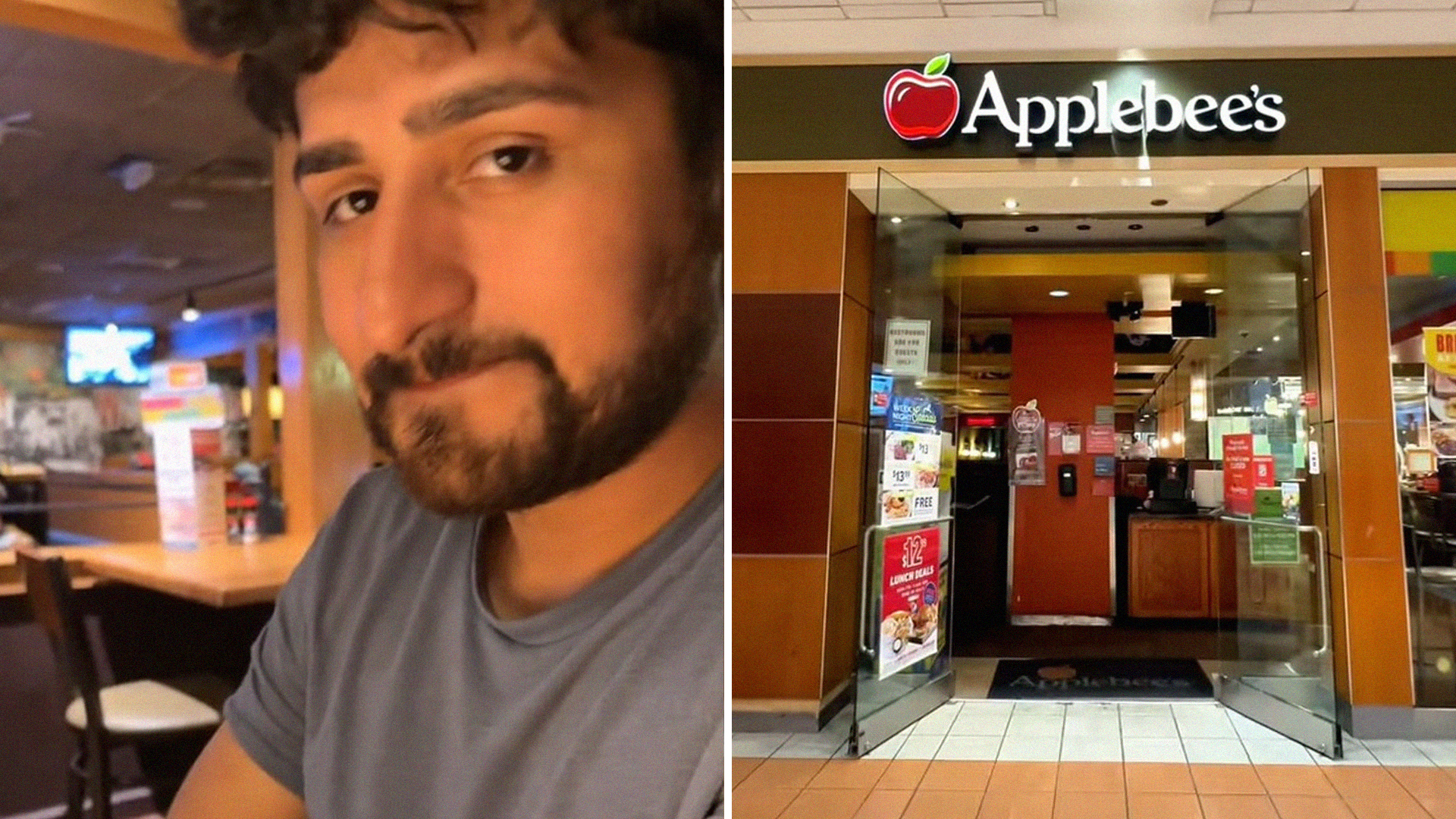 Man looking disappointed with his AppleBees Order(l) Apple Bee's Restaurant Front(r)