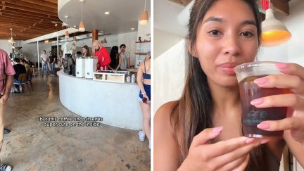 Inside view of coffee shop(l) Woman holding up coffee drink order(r)