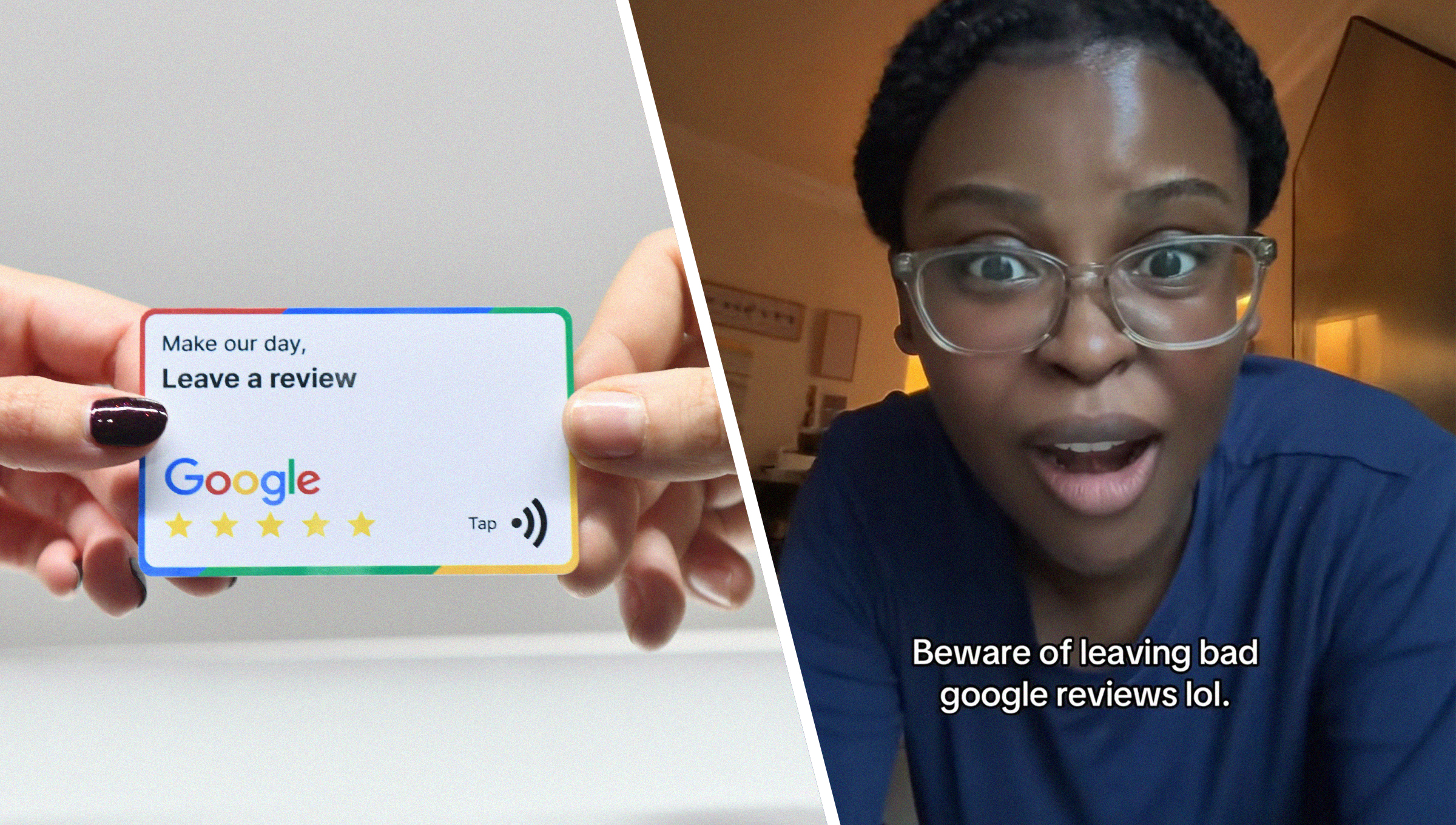 Google Review Card being held by two hands(l) Woman explains why not to leave bad google reviews(r)