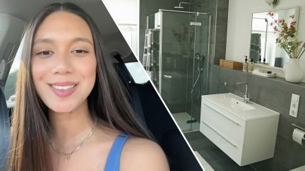 Woman shares what she found inside boyfriend's bathroom(l) Bathroom vanity and shower(r)