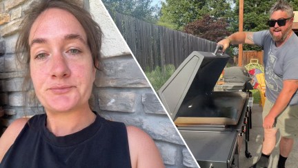 Woman shares discontent with husbands decision(l) Man using a Black Stone Grill(r)