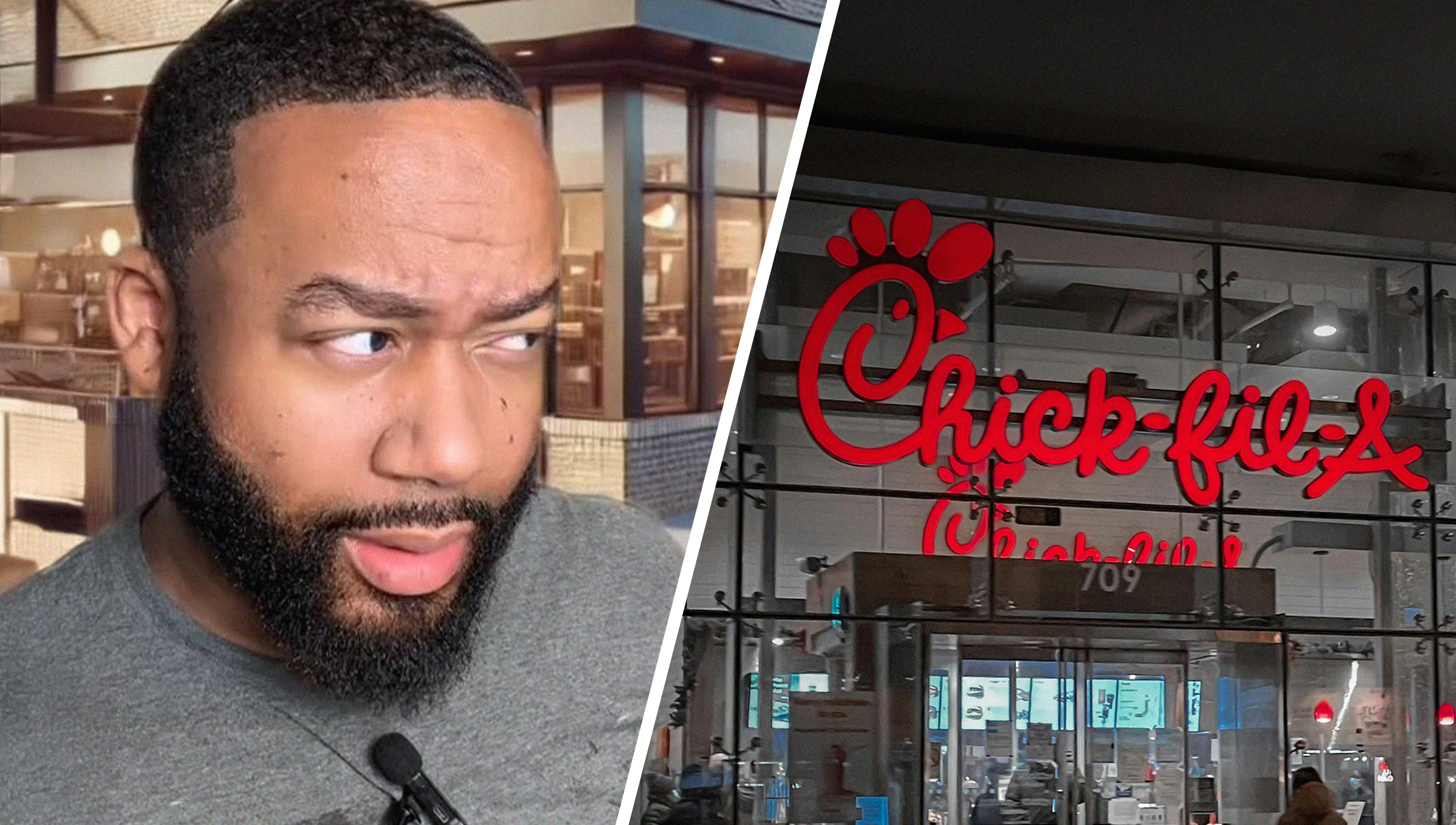 Man shares reason not to buy at Chick Fil A (l) Chick Fil A Restaurant Front(r)