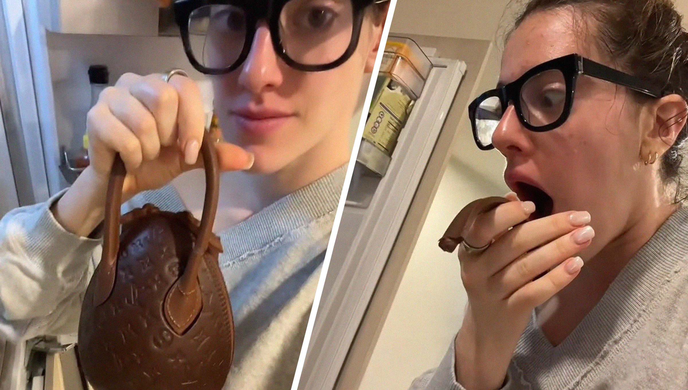 Woman holding up Chocolate Louis Vuitton Bag(l) Woman in shock while looking down(r)