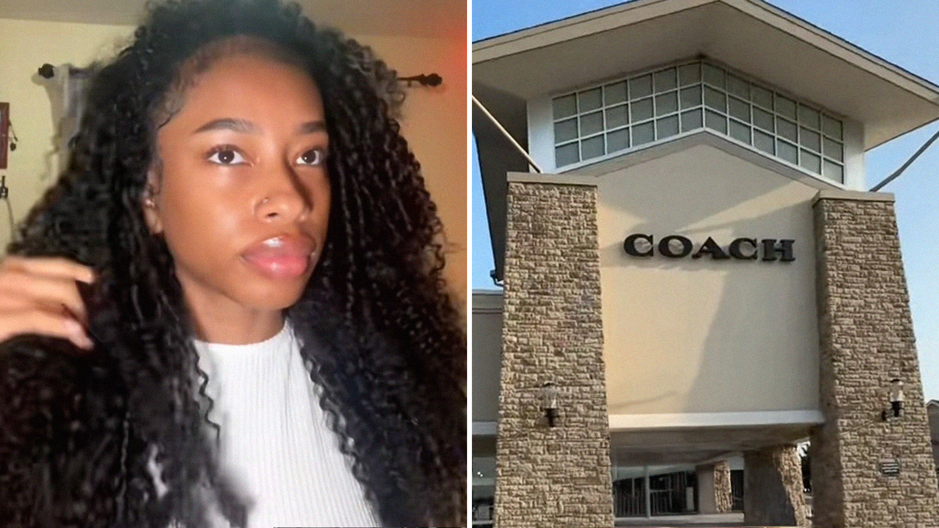 Woman talking (l) Coach store front (r)