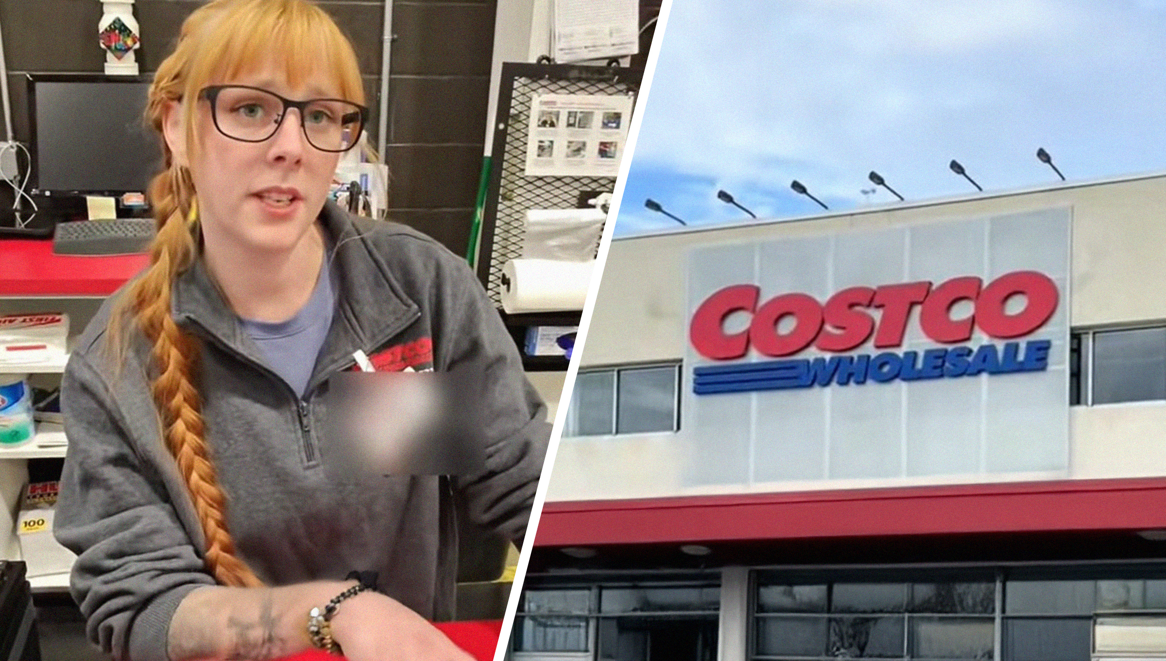 Costco Worker receiving a returned Kirkland Chip(l) Costco Store Front(r)