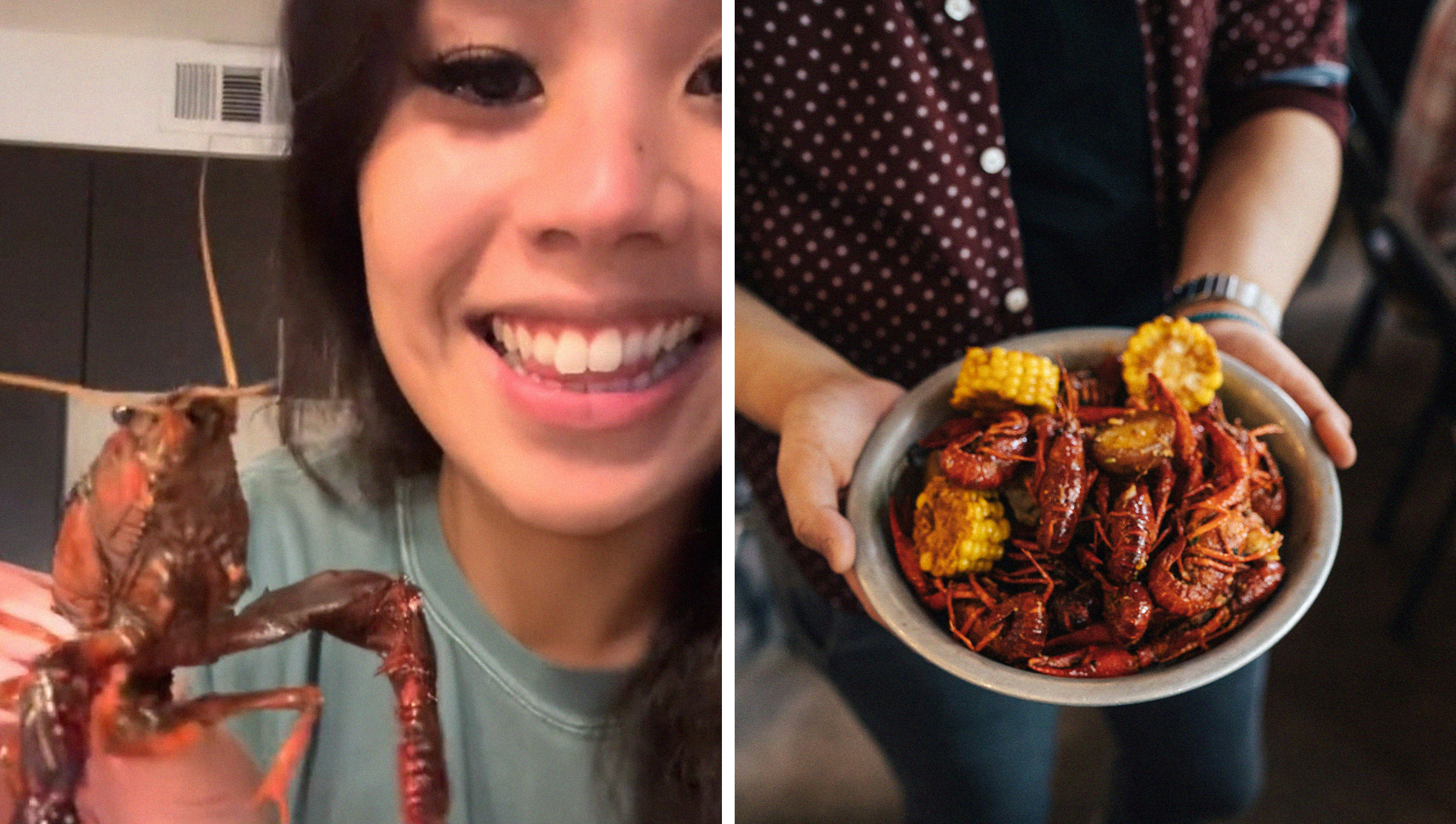 Woman holds up crawfish(l) Person holding up bowl of cooked crawfish(r)