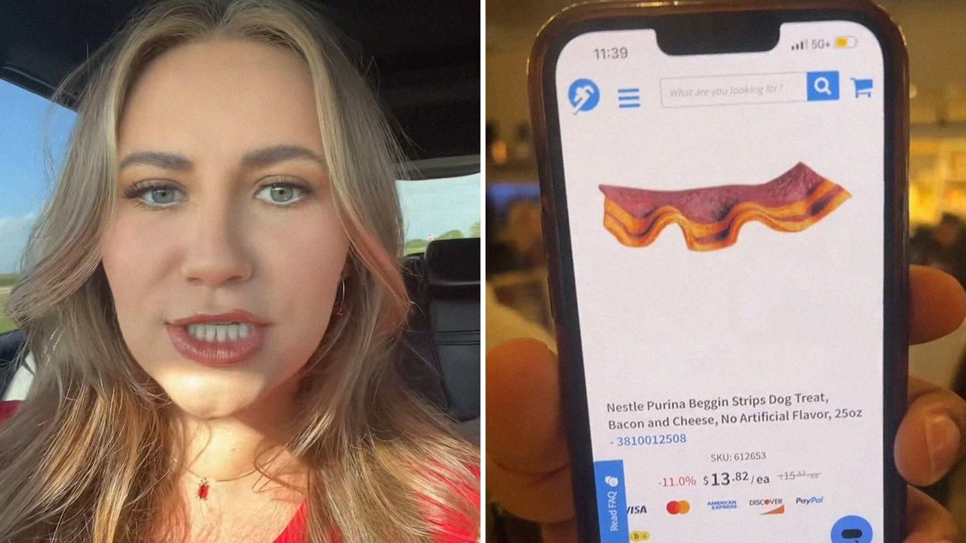 Woman compares bacon served at restaurant(l) Mobile Phone with Dog Treat on Display(r)