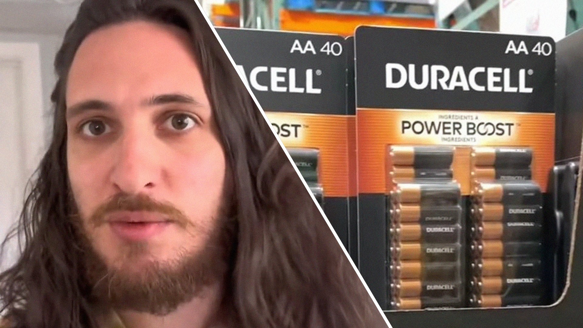 Man with long hair speaking about life hacks (l) Duracell Double-A packaging