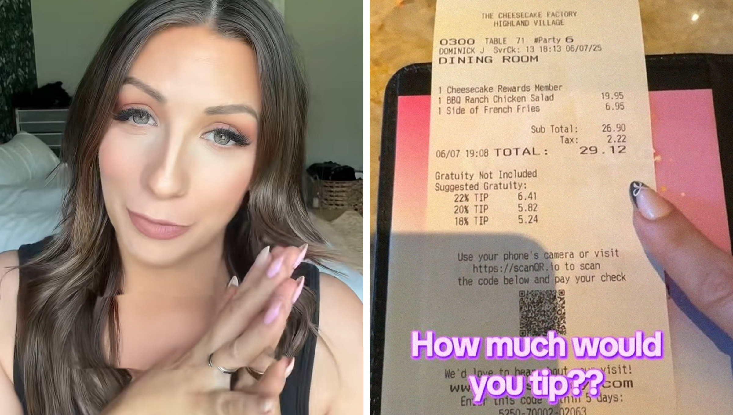 Woman asks question on TikTok Platform(l) finger pointing at receipt(r)