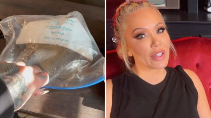 Implants in sterilization pouch(l) Woman show what implants look after being removed(r)