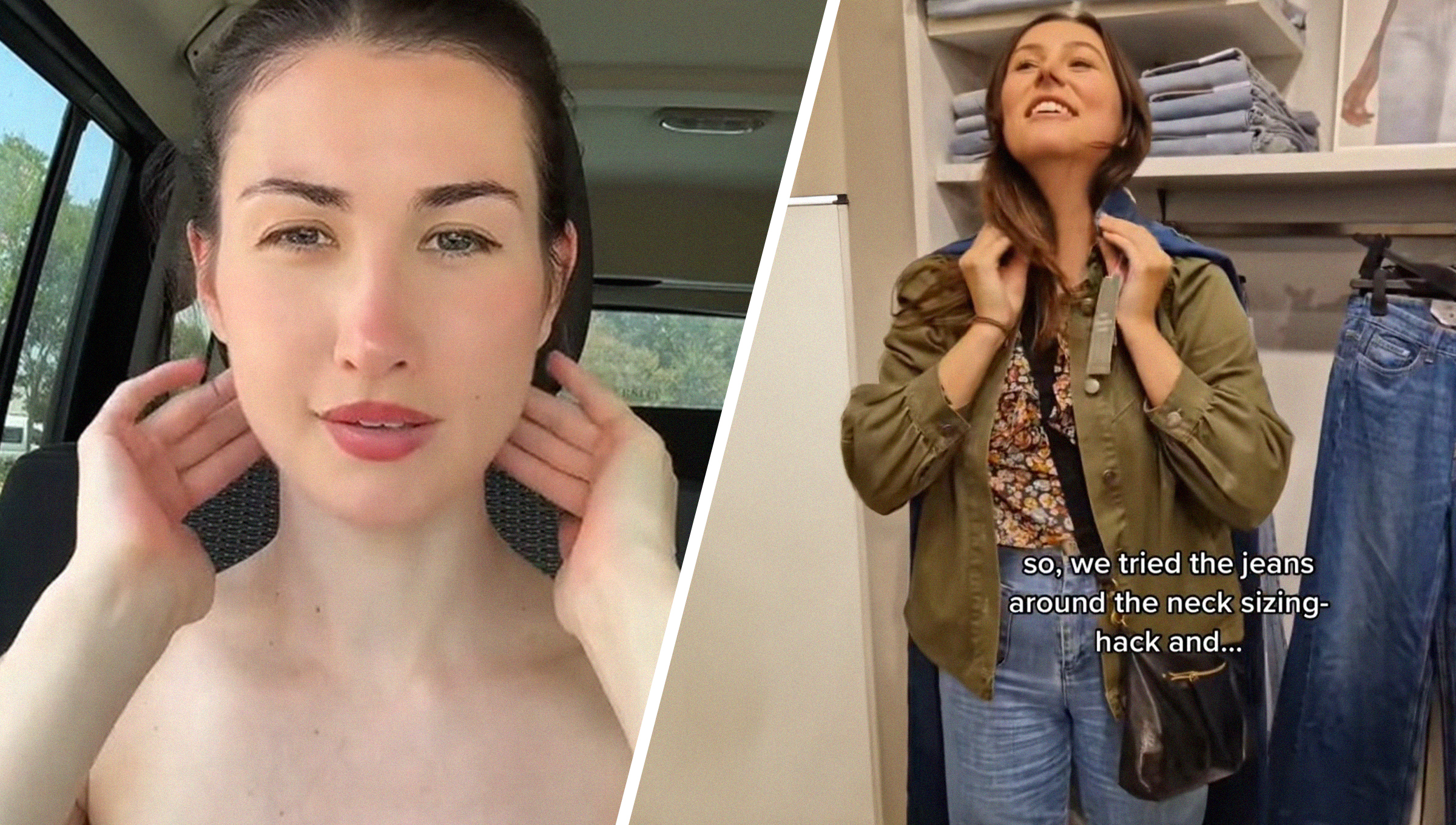 Woman explaining how she got bumps behind her neck(l) Woman doing the jeans neck trick(r)
