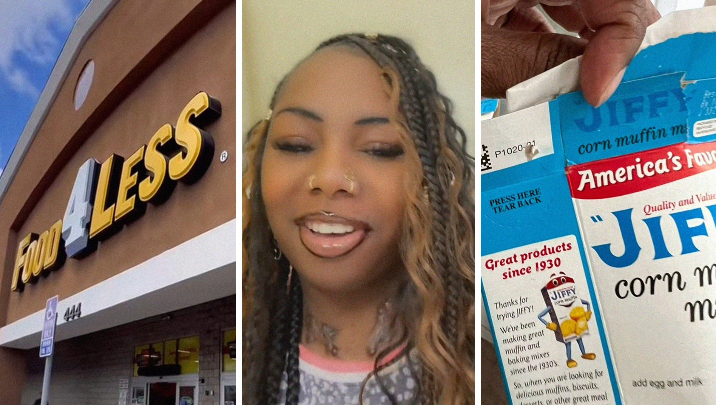 Food4Less Logo on Building(l) Woman shares what she found inside baked bread(c) Jiffy Branded Mix Box(r)