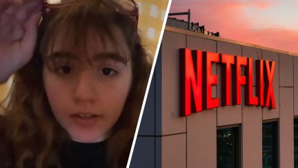 Woman shows how to bypass netflix blocking feature(l) Netflix Logo on Building(r)
