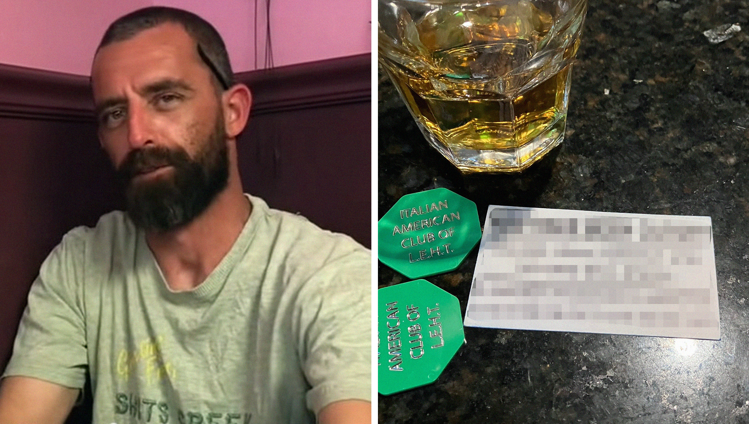 Man sitting inside of booth(l) a note that has been given at a bar(r)