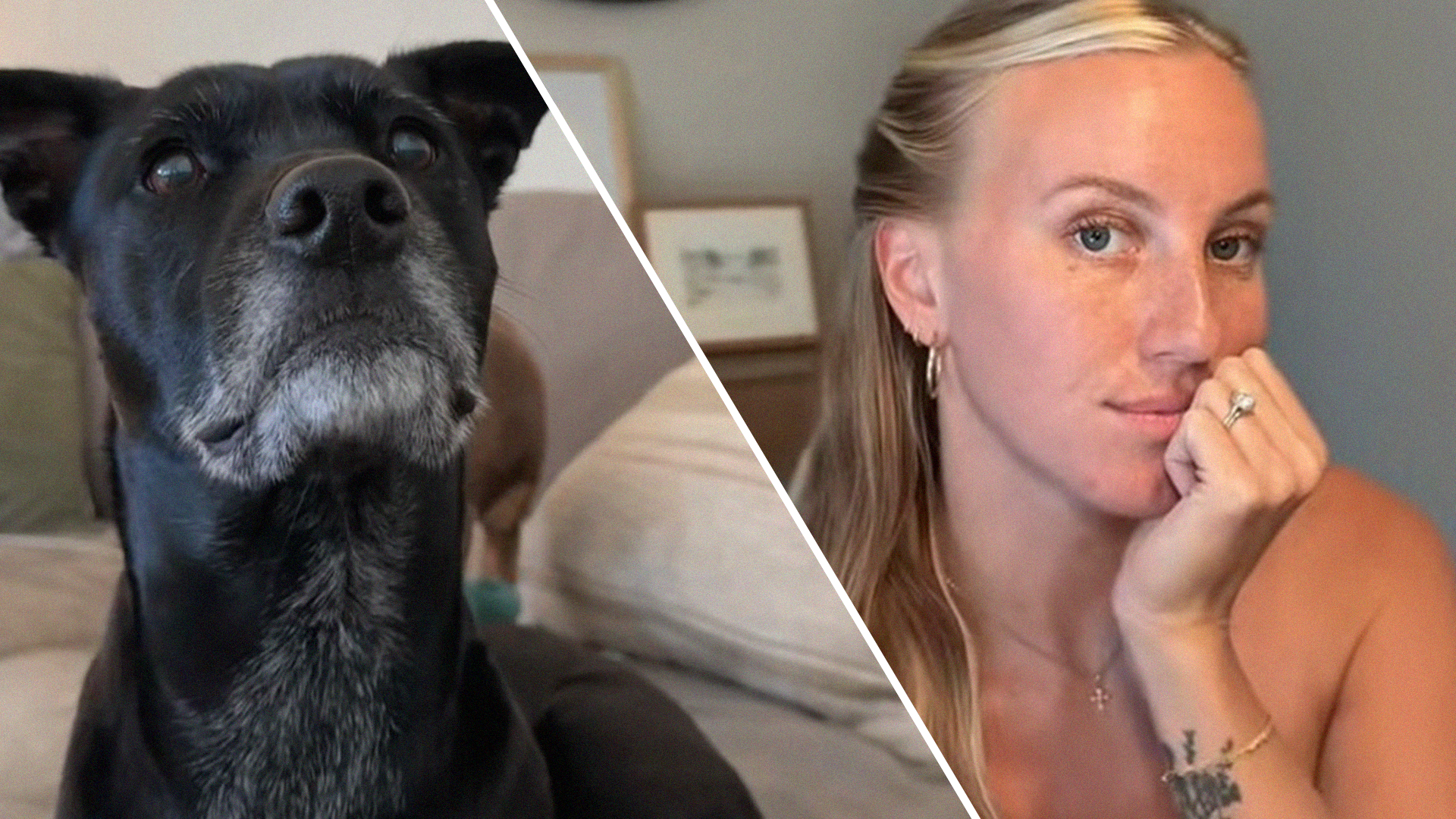 Black Dog looking up(l) Woman holding up her face with her hand(r)