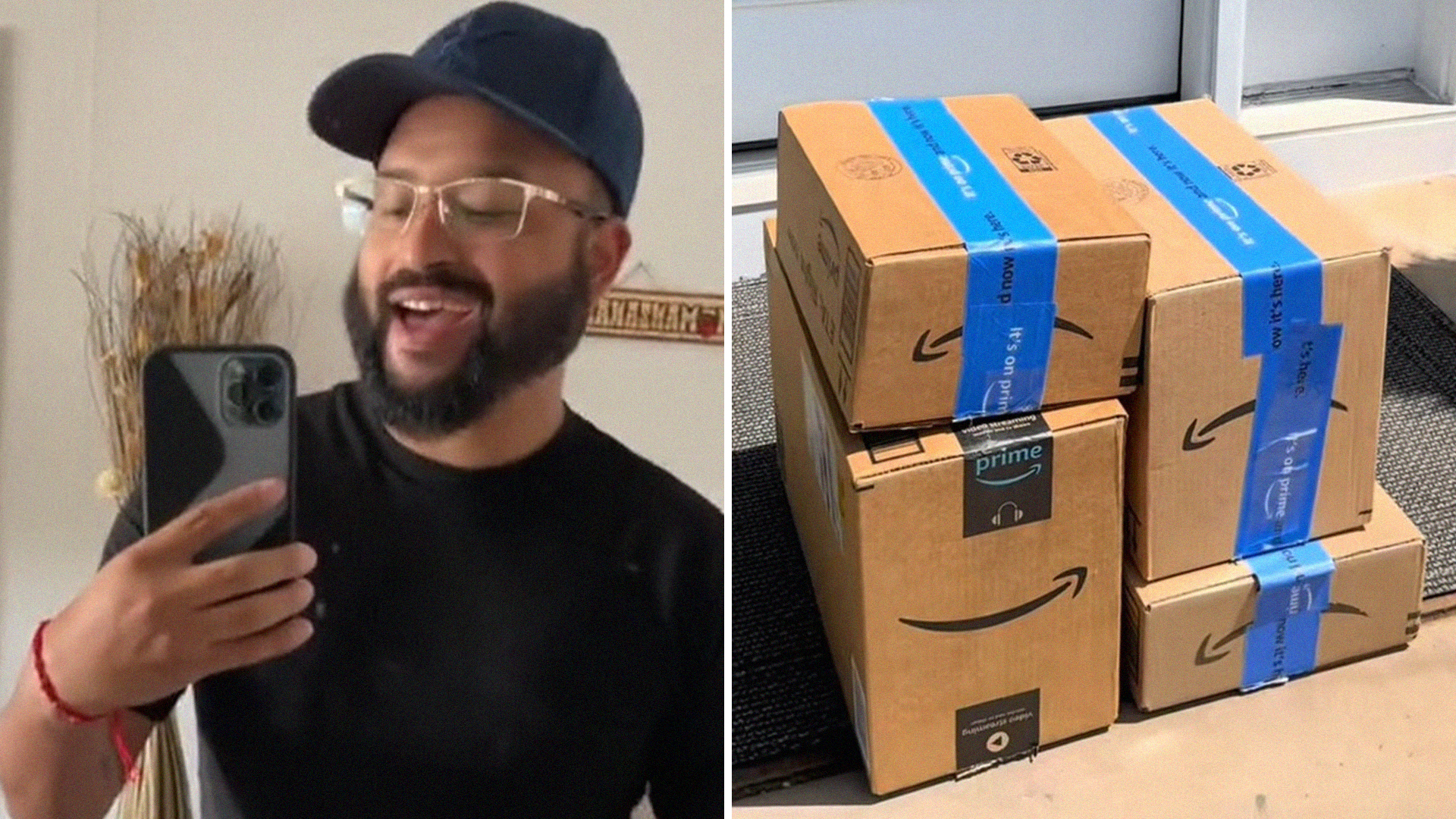 Man shows people stealing his amazon packages(l) Amazon Packages left at front porch(r)