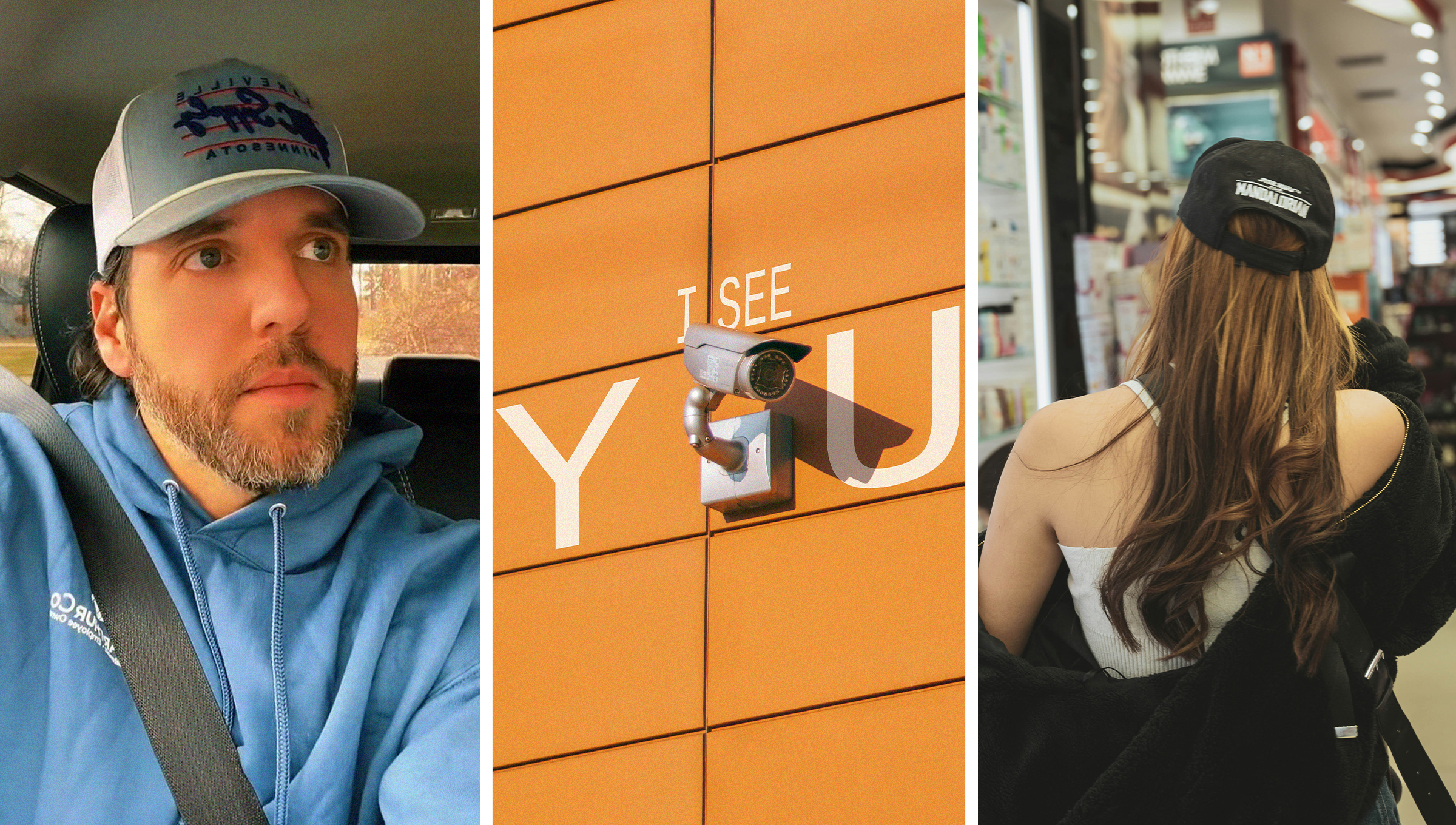 Ex-loss prevention specialist shares how he catches shoplifters(l) Camera on orange wall with text saying I See You(l) Woman shopping inside of store(r)