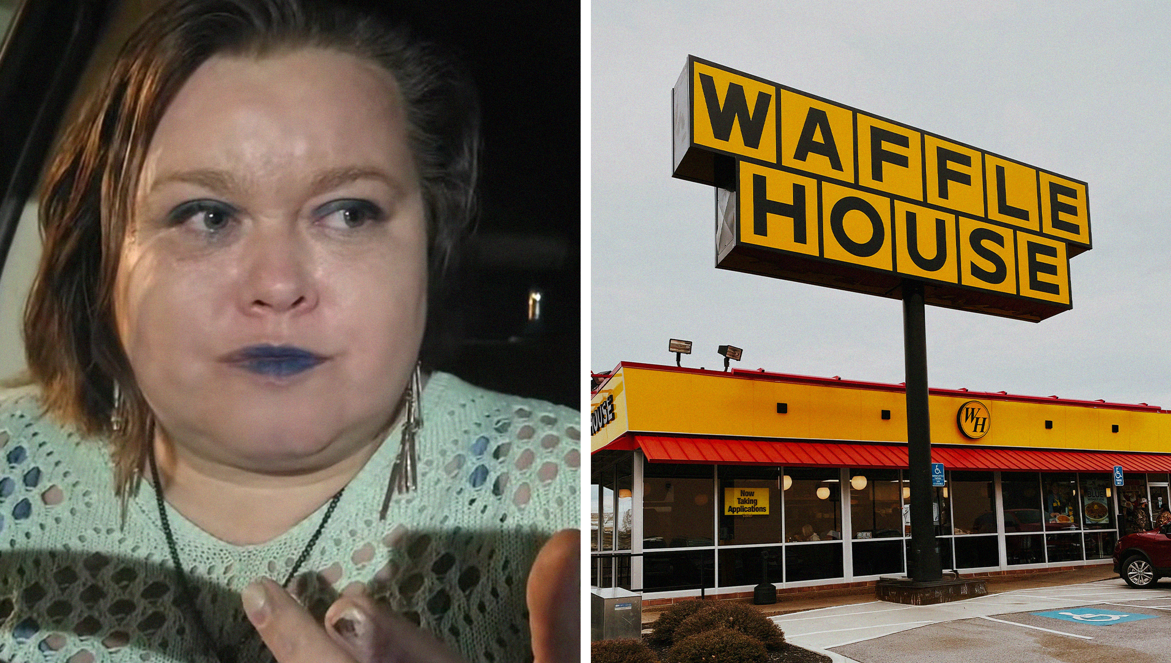 Woman explains the meaning of closed window shades at Waffle House(l) Outdoor Waffle House Restaurant Sign(r)