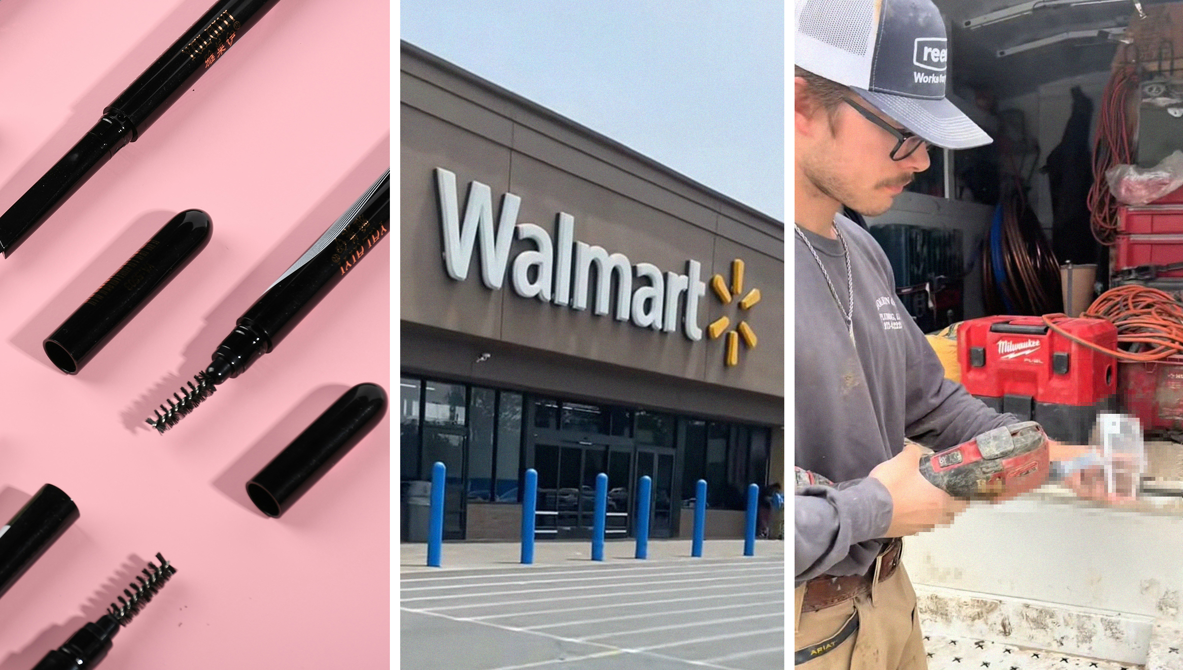 Eyebrow pencils in pink background(l) Walmart Store Front(c) Man cutting through walmart security box(r)