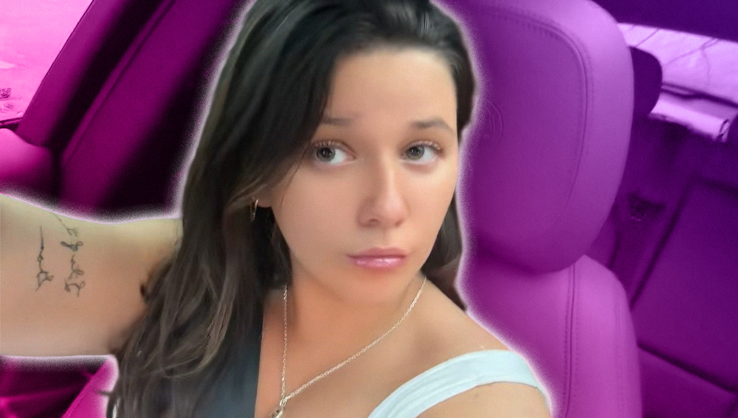 Woman taking selfie inside of vehicle; Pink and Purple Gradient background overlay