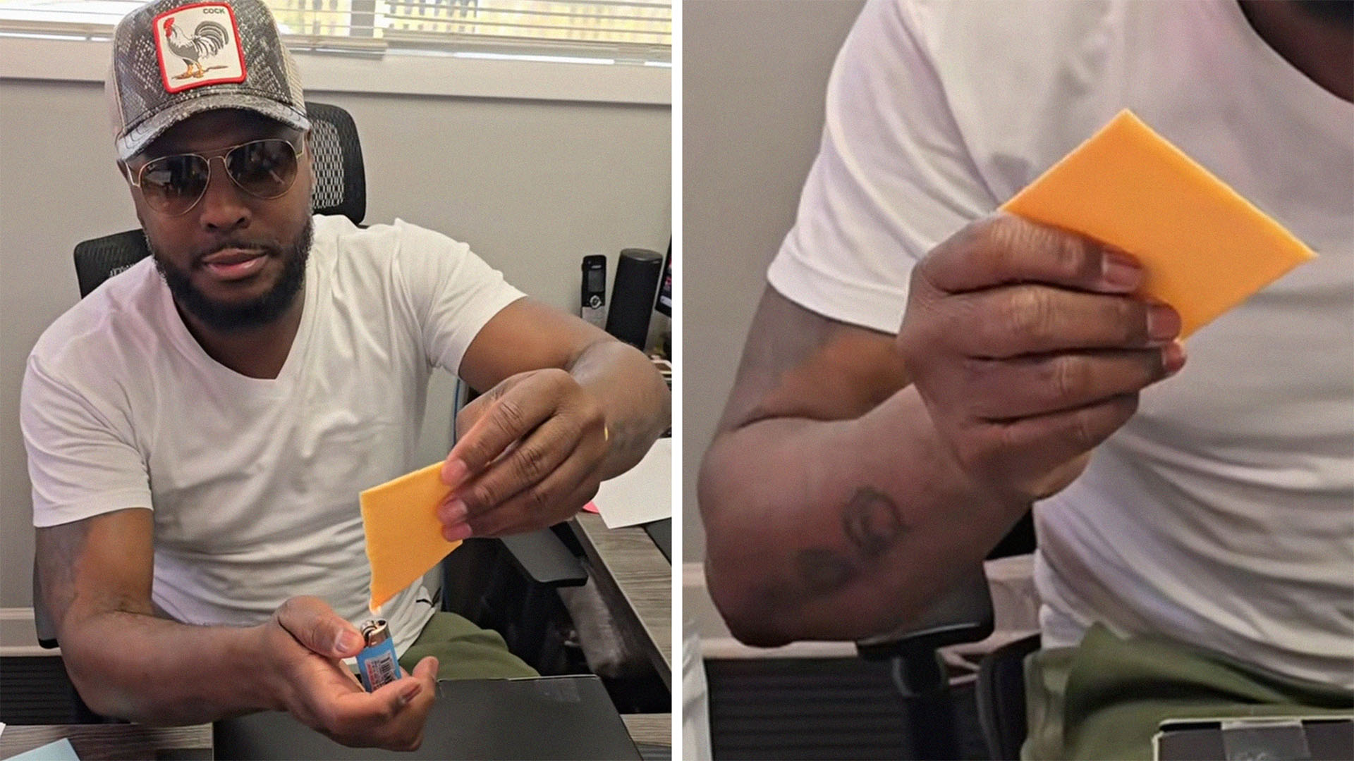 Man using a lighter to burn sliced cheese(l) Close up of man holding up Kraft sliced cheese(r)