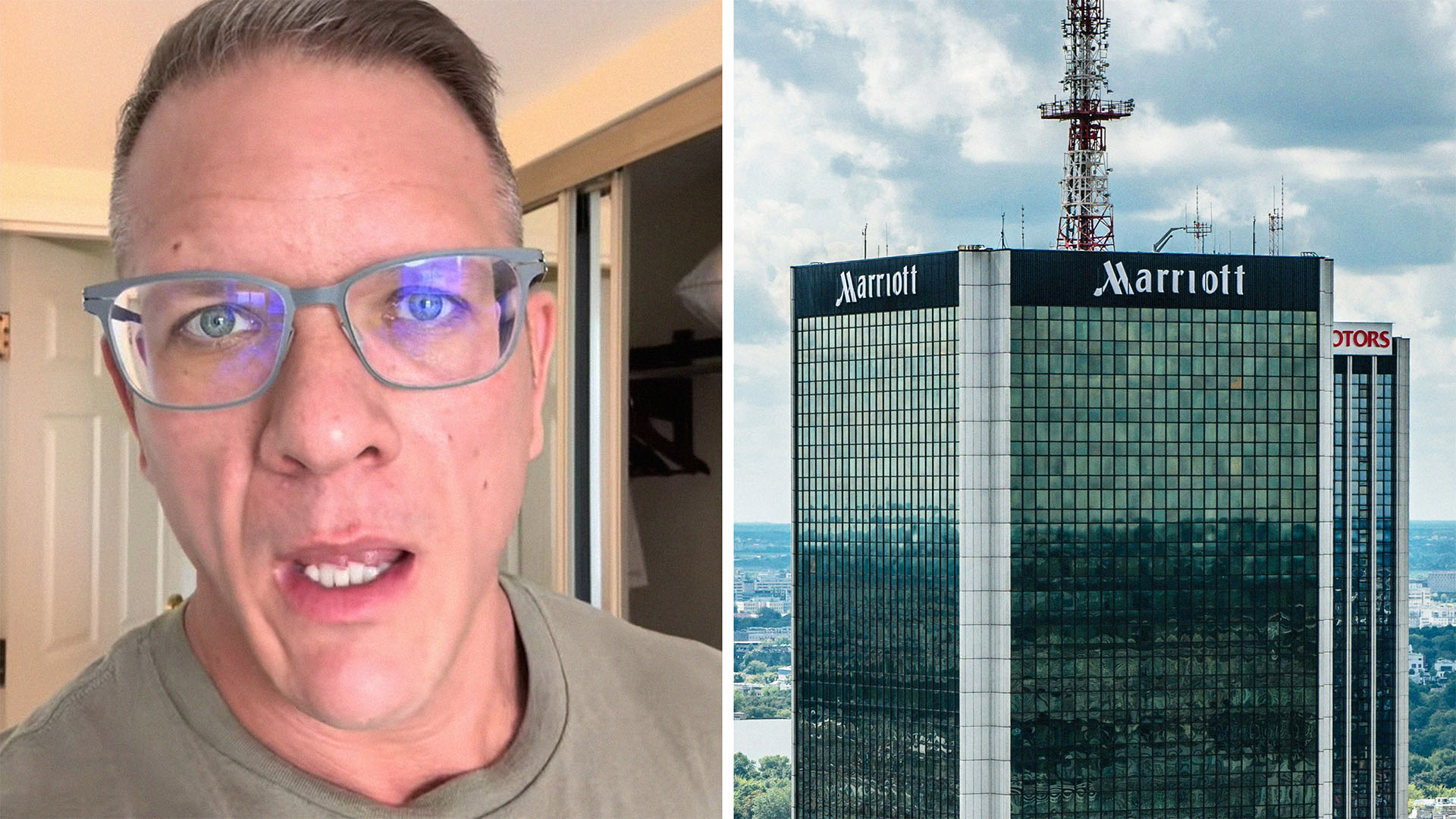 Man explaining what happened when he took a nap at Residence Inn Marriot(l) Close up of Marriot Logo on building(r)