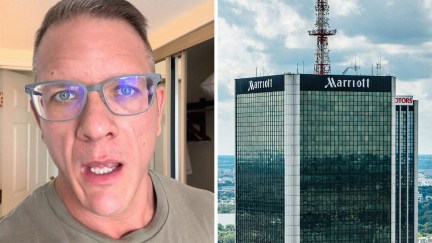 Man explaining what happened when he took a nap at Residence Inn Marriot(l) Close up of Marriot Logo on building(r)