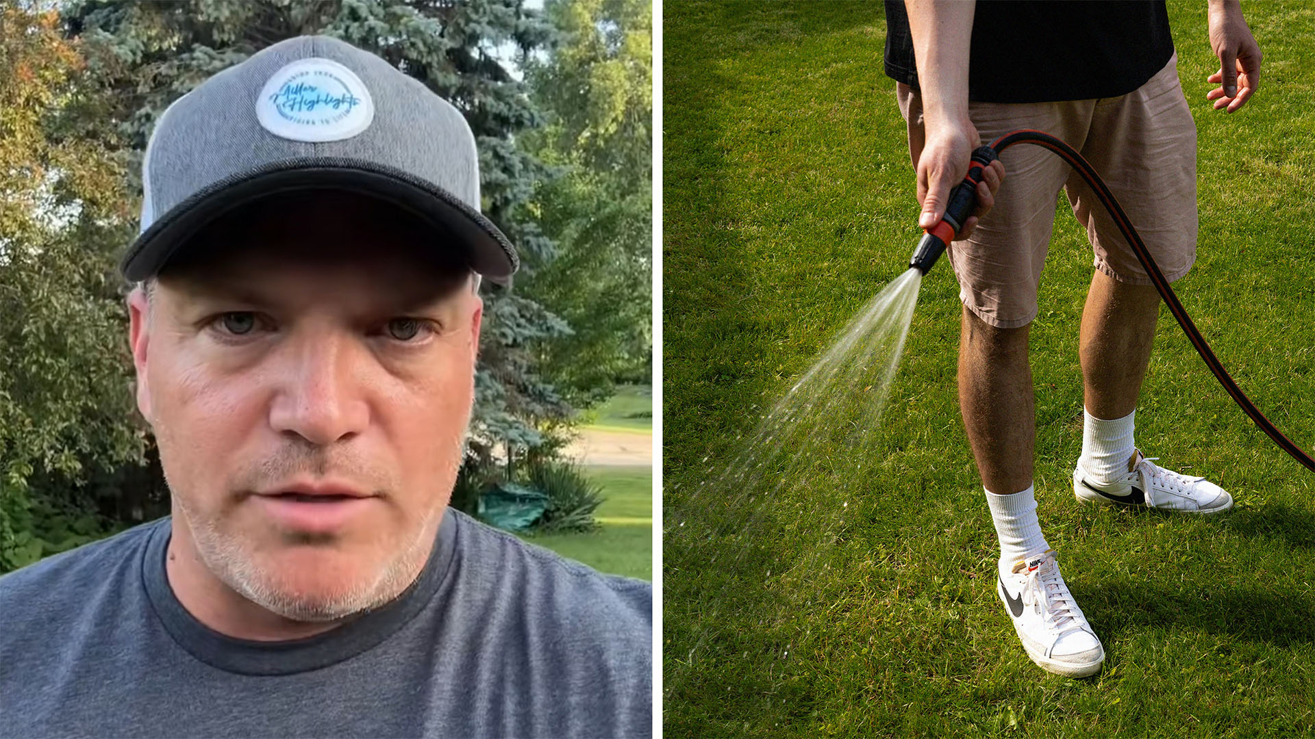 Man shares best way to fix your AC(l) Man using a garden hose to spray grass(r)