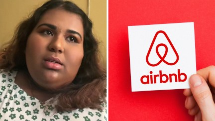 Woman shows what Airbnb decor layout (l) Hand holding Airbnb logo(r)